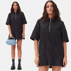 NEW Ganni Textured Cloque Pleated Skirt Collared-Neck Mini Dress Black Size: 6